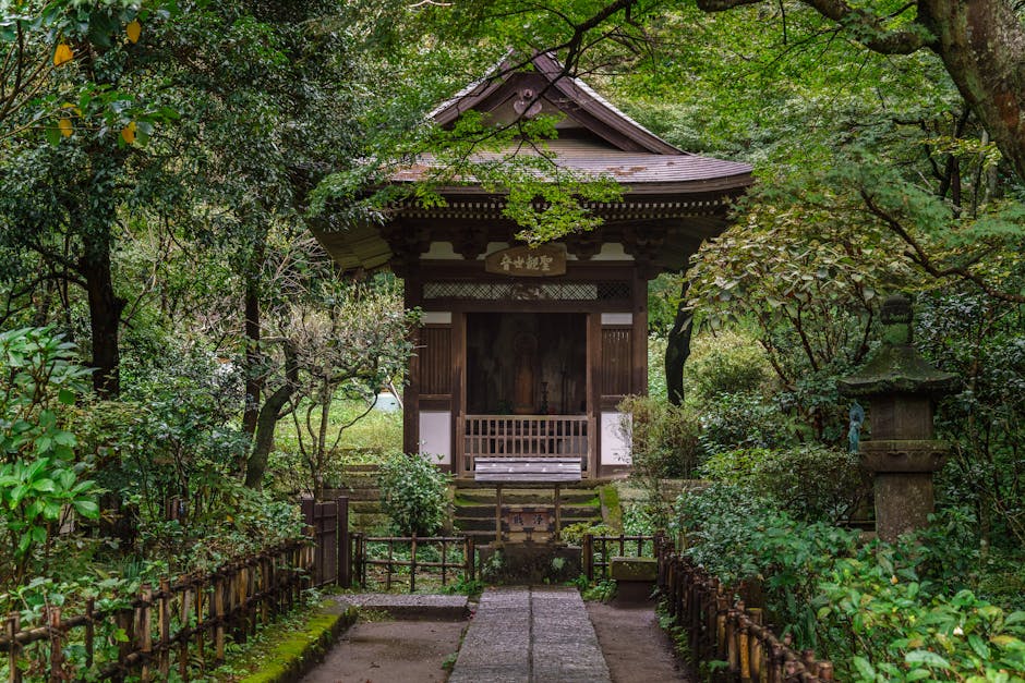 Explore the tranquil beauty of a Shinto shrine nestled in Kamakura's lush green foliage.