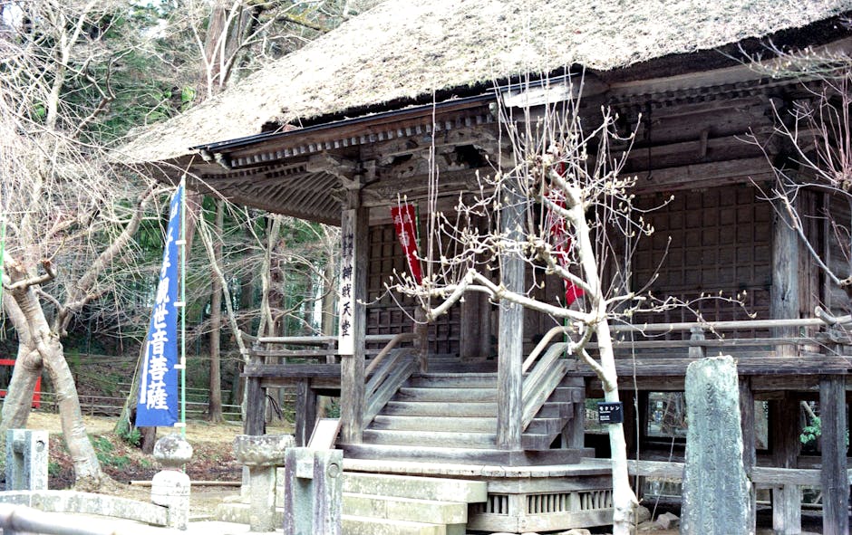 平泉の茅葺屋根の神社
