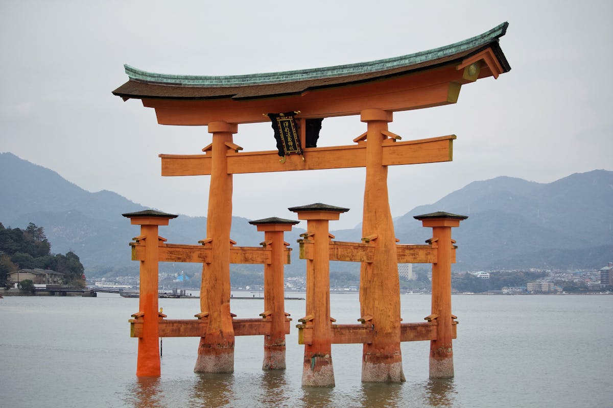 The Great Torii close-up showing its massive camphor wood construction