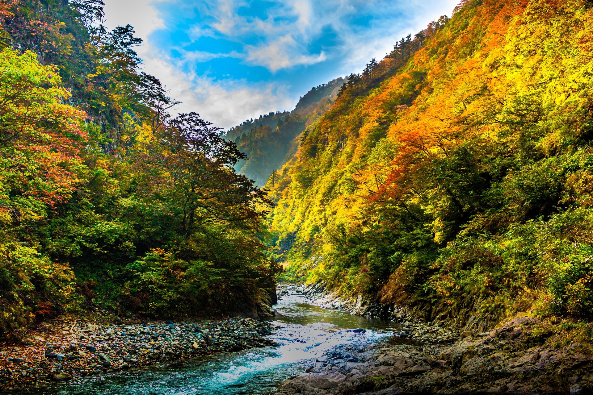 Kiyotsu Gorge in autumn, with brilliant red, yellow, and orange foliage along the river