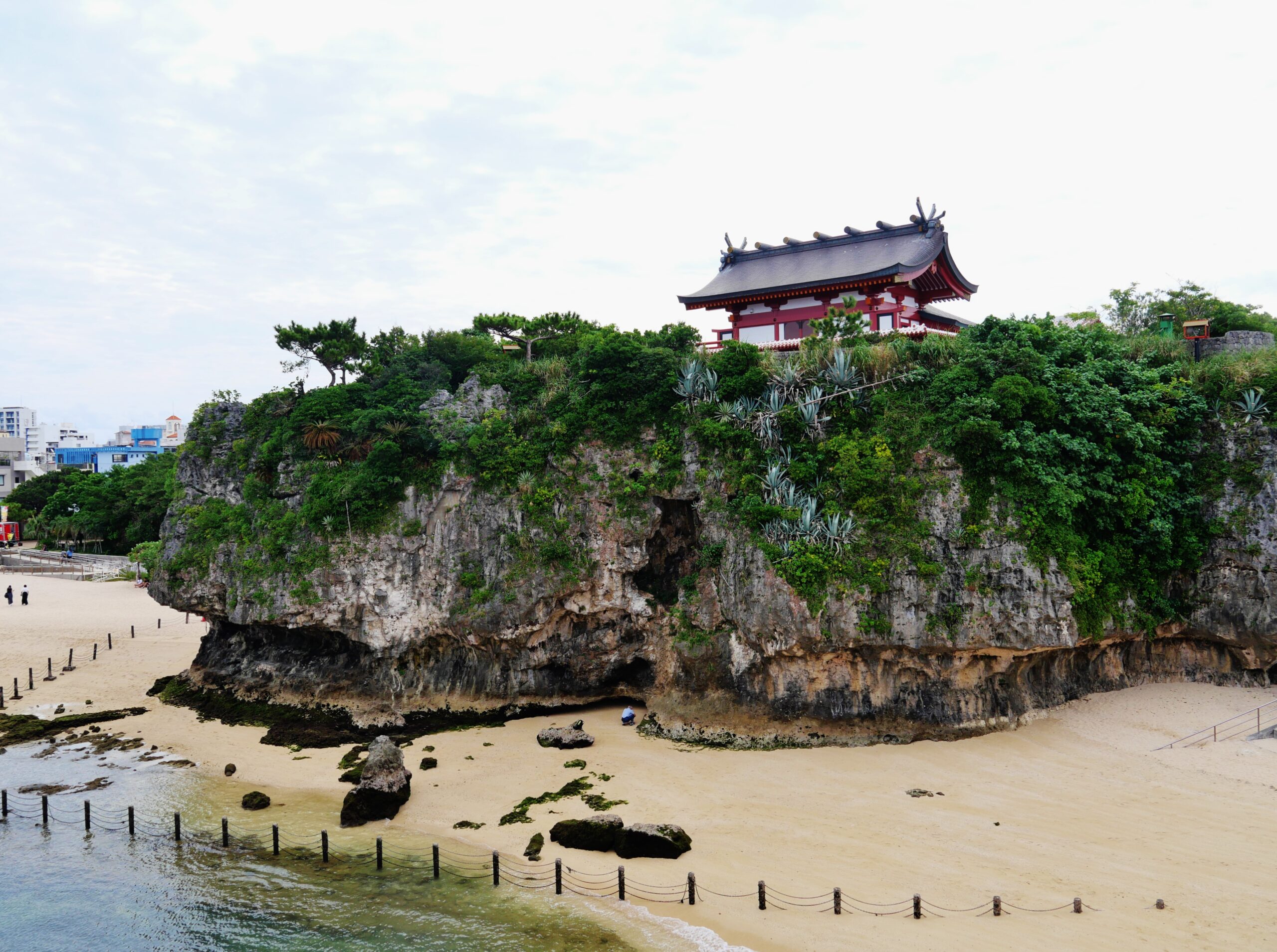 Close-up view of Naminoue Shrine on its cliff, showing the distinctive Okinawan-style architecture