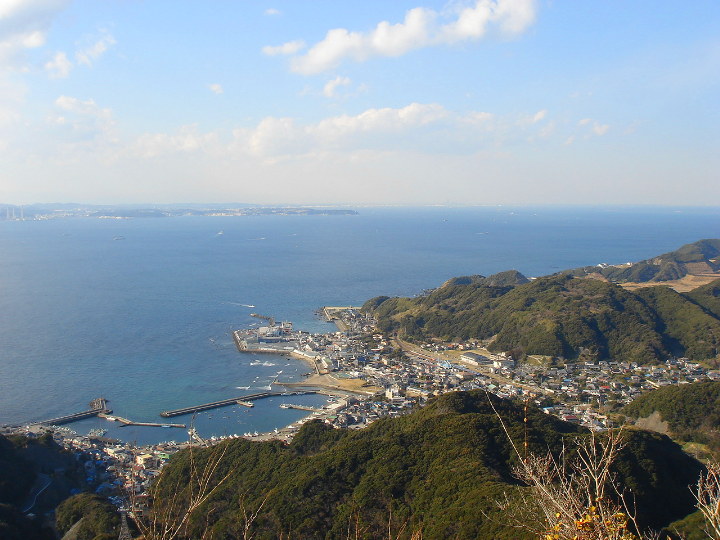 Panoramic view from Mount Nokogiri summit showing Kanaya port, Tokyo Bay, and the Miura Peninsula