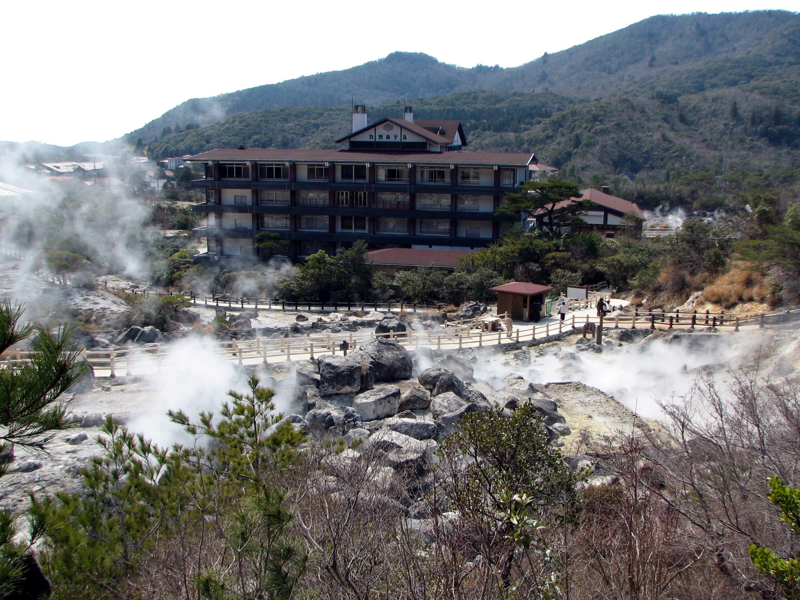 Boardwalk and hot spring hotel at Unzen Jigoku