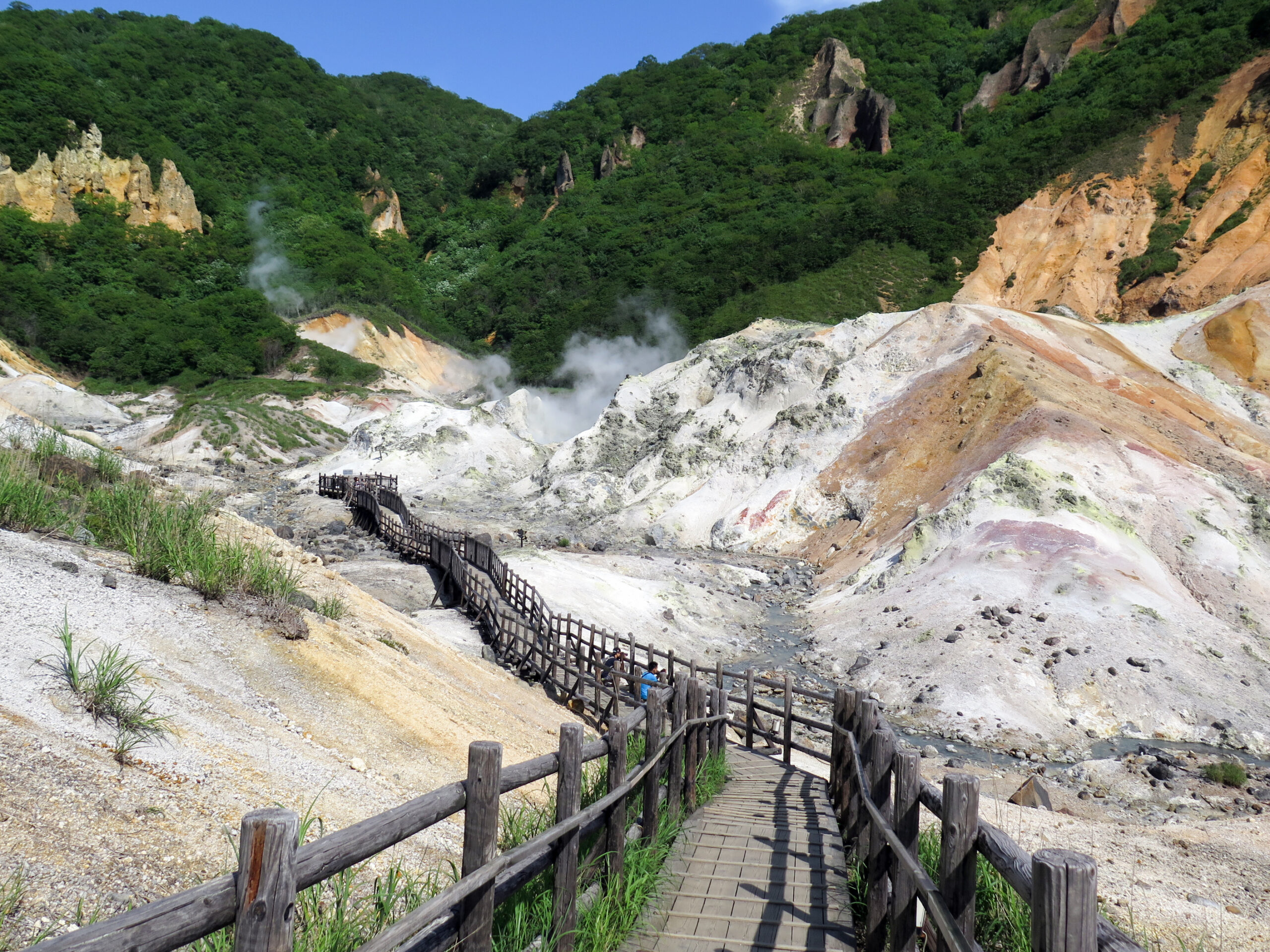 Wooden boardwalk through Jigokudani