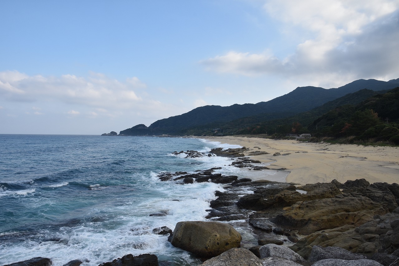永田いなか浜。白砂が約1km続くアカウミガメの産卵地